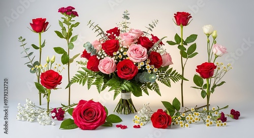 Lush Red and Pink Rose Bouquet with Scattered Blooms and Delicate Greenery on White Background, Symbolizing Love and Romance