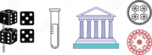 Minimal Icon Set Featuring Dice Game Symbols Laboratory Test Tube Bank Building Finance Architecture and Decorative Floral Ornaments for Creative Design Projects