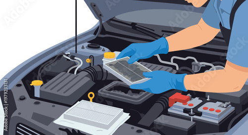 A professional automotive technician carefully replaces a soiled rectangular air filter within the complex mechanical engine bay under bright daylight.