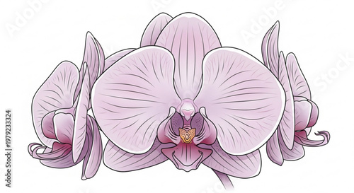 Beautiful pink orchid flowers with large petals and yellow center isolated on white background