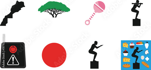 Mixed Icon Set Featuring Morocco Map Tree Rattle Statue Warning Japan Flag Thinking Person Achievement and Food Illustration Symbols