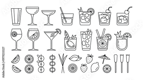 Retro cocktail doodle set with hand drawn garnish, classic drinks and vintage bar glass icons. kitchen decor  Whimsical vector illustration, party menu or creative wall art.