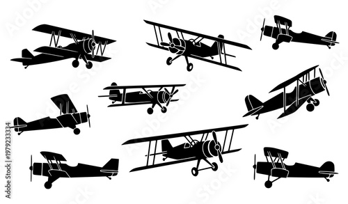 Biplane silhouettes vector set in minimalist flat style for aviation and historical illustration