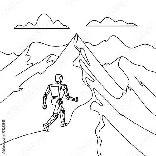 Robot hiking mountain line art illustration machine android mechanical walking