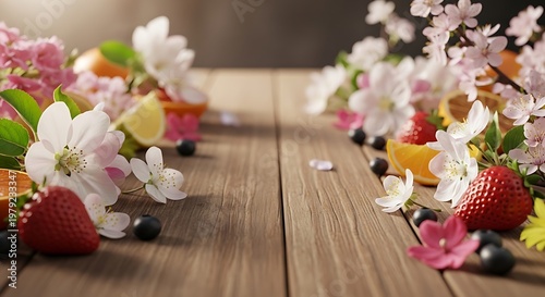 Vibrant Spring Fruits & Blossoms Border on Rustic Wood Background with Copy Space