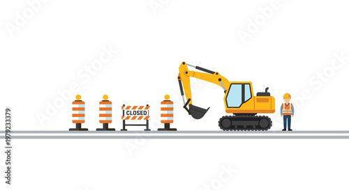 A heavy yellow excavator stands idle beside a construction worker in an orange safety vest near a closed barrier on a flat, paved road under daylight.