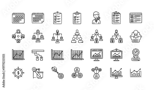 Project management line icons vector set with schedule planning and team workflow in minimalist outline style