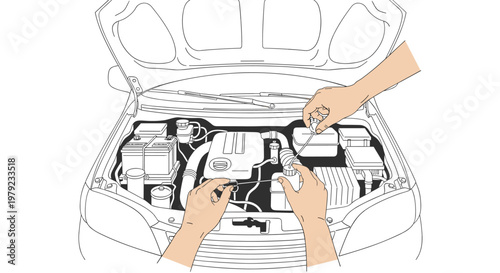 Close-up view of two hands using a screwdriver to perform maintenance on a fluid reservoir inside the engine bay of a car with the hood open and bright light.