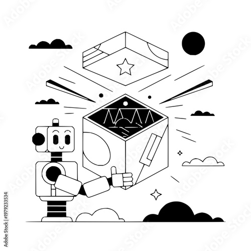 Robot holding cube with star on box floating in space illustration