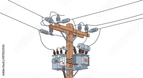 A sturdy wooden utility pole supports complex electrical transformers and white ceramic insulators with wires stretching in three distinct directions.