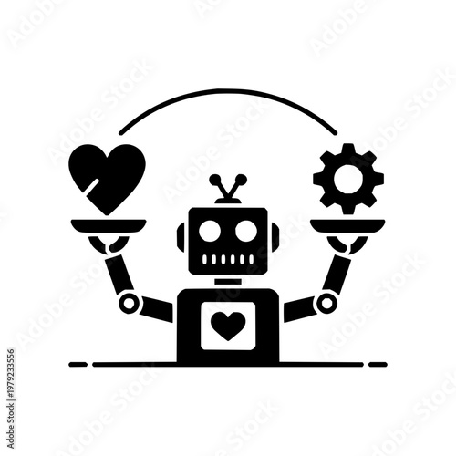 Robot balancing heart and gear on scales balance black icon illustration vector