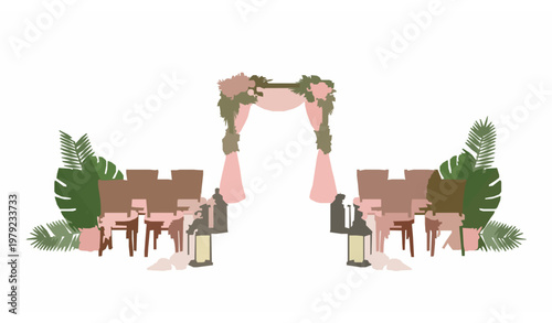 Romantic beach wedding vector illustration with floral arch and tropical decor in flat design