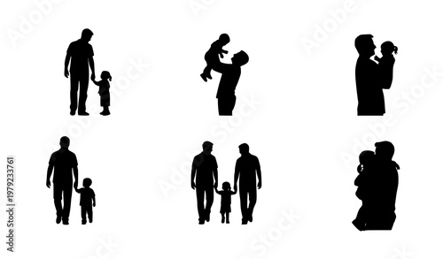 Fathers day silhouettes vector set with dad and child moments in black flat style