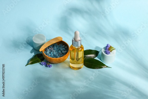 Bottle and jars of cosmetic...