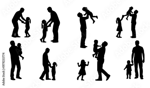 Fathers day family silhouettes vector collection with dad and kids in dynamic composition