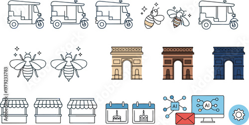 Travel and Lifestyle Icon Set Featuring Tuk Tuk Vehicles Bees Arc de Triomphe Landmarks Storefront Shops Calendar Scheduling and AI Communication Technology Symbols