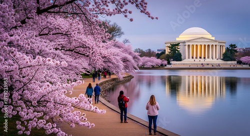 Iconic Neoclassical Monument Reflected in Calm Water, Framed by Pink Cherry Blossoms at Dusk with Strolling People