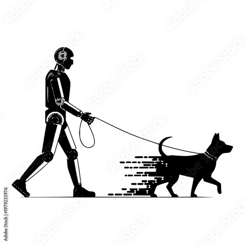 Robot walking dog on leash black silhouette white background illustration vector