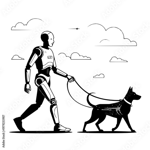 Robot walking dog on leash black and white vector robotic canine pet