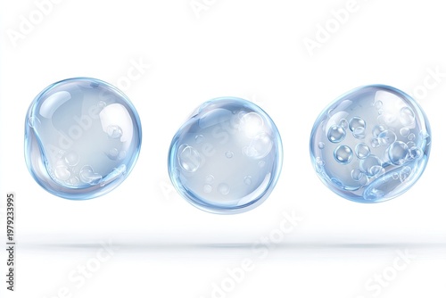 Three translucent blue water spheres with internal bubbles floating against a clean white backdrop