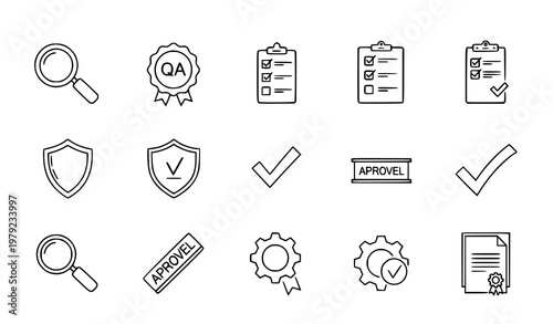 Quality control line icons vector set with QA inspection checklist and verification symbols in minimalist style