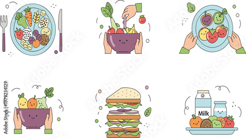 Fresh Smoothie Ingredients Set with Fruits Vegetables Berries Nuts and Honey for Healthy Drinks Detox Recipes and Natural Nutrition Illustration.