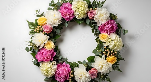 Elegant Floral Wreath with Pink Peonies, White Hydrangeas, Yellow Roses, and Eucalyptus on White Background