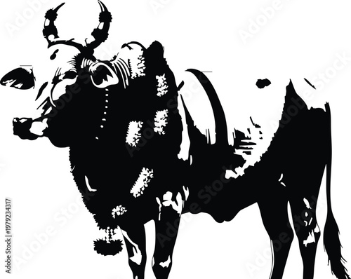 WebBlack and white abstract inked cow silhouette with textured.