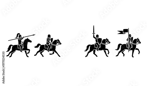 Cavalry line icons vector set with horse-mounted soldiers in minimalist silhouette style