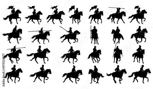 Cavalry silhouettes vector set with mounted soldiers in action poses for historical and military design