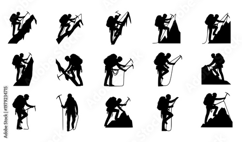 Alpinist and climbers silhouettes vector set with mountain climbing action poses