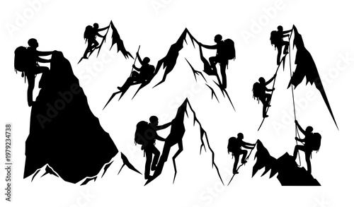 Decorative alpinists and climbers silhouette vector collection in dynamic mountain adventure composition
