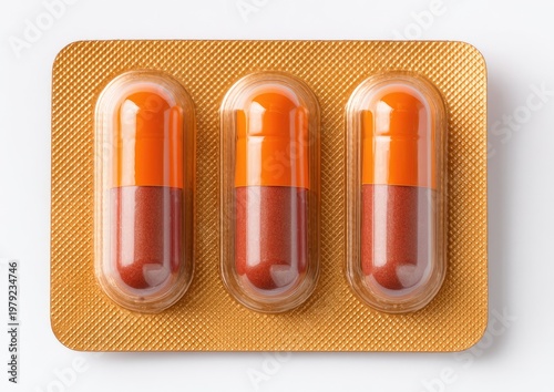 Three bicolored orange and brown capsules in a golden blister pack