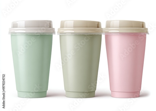 Three pastel-colored disposable cups with clear plastic lids on a white background