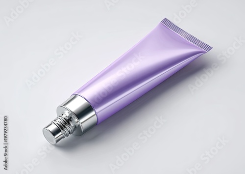 Glossy lilac cosmetic tube with silver cap, angled on white surface