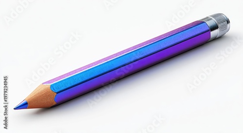 A metallic-sheened, sharpened pencil with purple and blue stripes on a white background