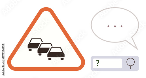 Navigation, traffic information, road safety, urban commuting, transportation, data search. Warning sign with cars, speech bubble and search bar elements. Road safety and navigation concept