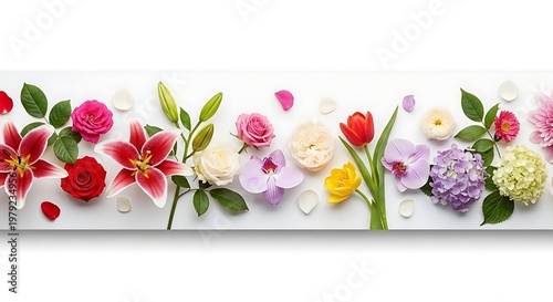 Vibrant Mixed Floral Border with Colorful Blossoms, Green Leaves, and Petals on White Background – Elegant Spring & Summer Design