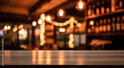 Warm and inviting bar interior with blurred lights and wooden counter creating a cozy atmosphere for socializing
