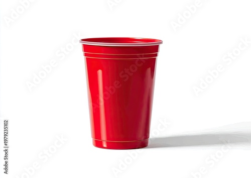 A vibrant red disposable plastic cup, isolated on a bright white background