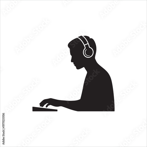 Audio engineer or music producer silhouette working with headphones and mixer console.