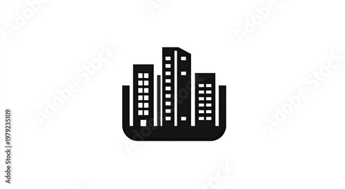 Black silhouette of a cluster of modern high-rise buildings on white
