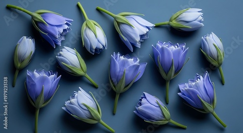 Elegant Flat Lay of Delicate Blue-Purple Flower Buds and Blossoms on a Serene Cool Blue Background, Minimalist Floral Composition