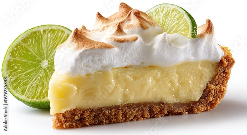 A decadent slice of meringue-topped lime pie with a graham cracker crust, garnished with lime