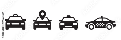 Taxi service icon set, black silhouette cab symbols for transportation apps, 4 vector car elements with map pin and checkered pattern