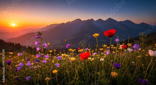 Vibrant Wildflower Meadow Bathed in Golden Sunset Light with Majestic Mountain Peaks, Serene Alpine Landscape at Dusk