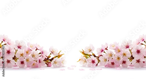 Elegant Cherry Blossom Garland Border with Soft Pink Flowers and Scattered Petals on Pure White Background, Spring Floral Design Element