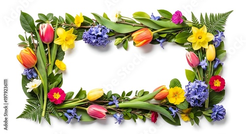 Vibrant Spring Floral Frame on White, Lush Green Leaves & Colorful Blossoms for Copy Space