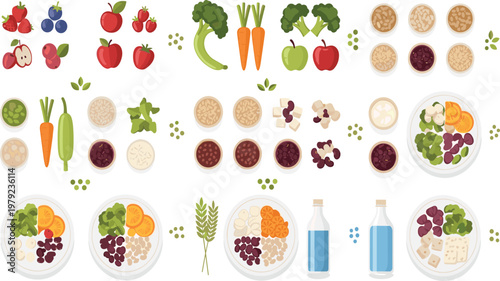 Balanced Diet Meal Composition with Fruits Vegetables Grains Protein and Water for Healthy Eating Nutrition Plan and Clean Lifestyle Illustration.