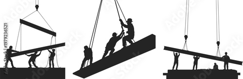 Construction workers lifting steel beams with cranes silhouettes, teamwork and heavy industry concept, structural assembly process, engineering and building site activity isolated on white background